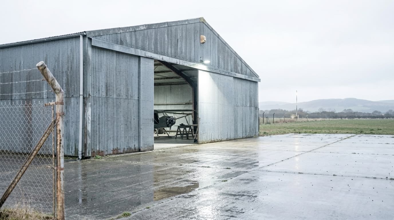 Hangar von aussen bei Tageslicht, das Tor steht halb offen über dem nassen Vorplatz