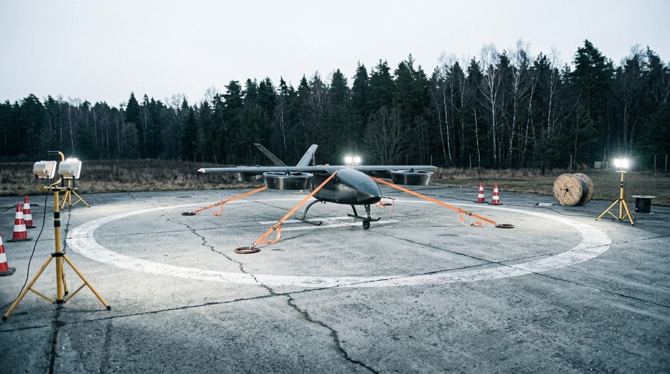 Das Fluggerät verzurrt auf dem nächtlichen Testfeld unter Flutlicht