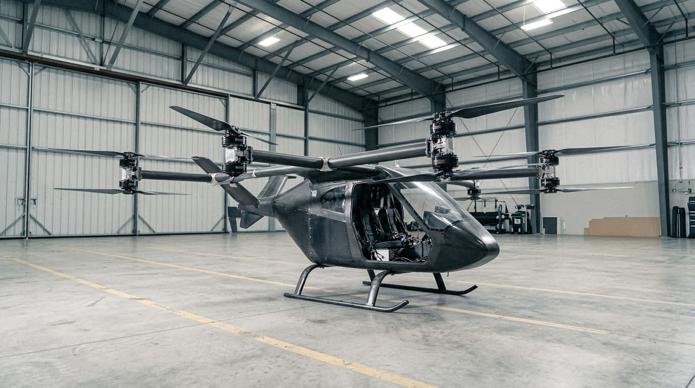Das elektrische Fluggerät im Hangar, gesamter Aufbau sichtbar