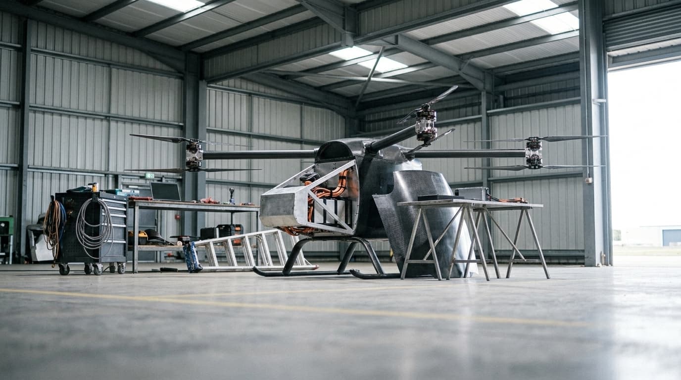 Halb aufgebautes elektrisches Fluggerät im nächtlichen Werkshangar