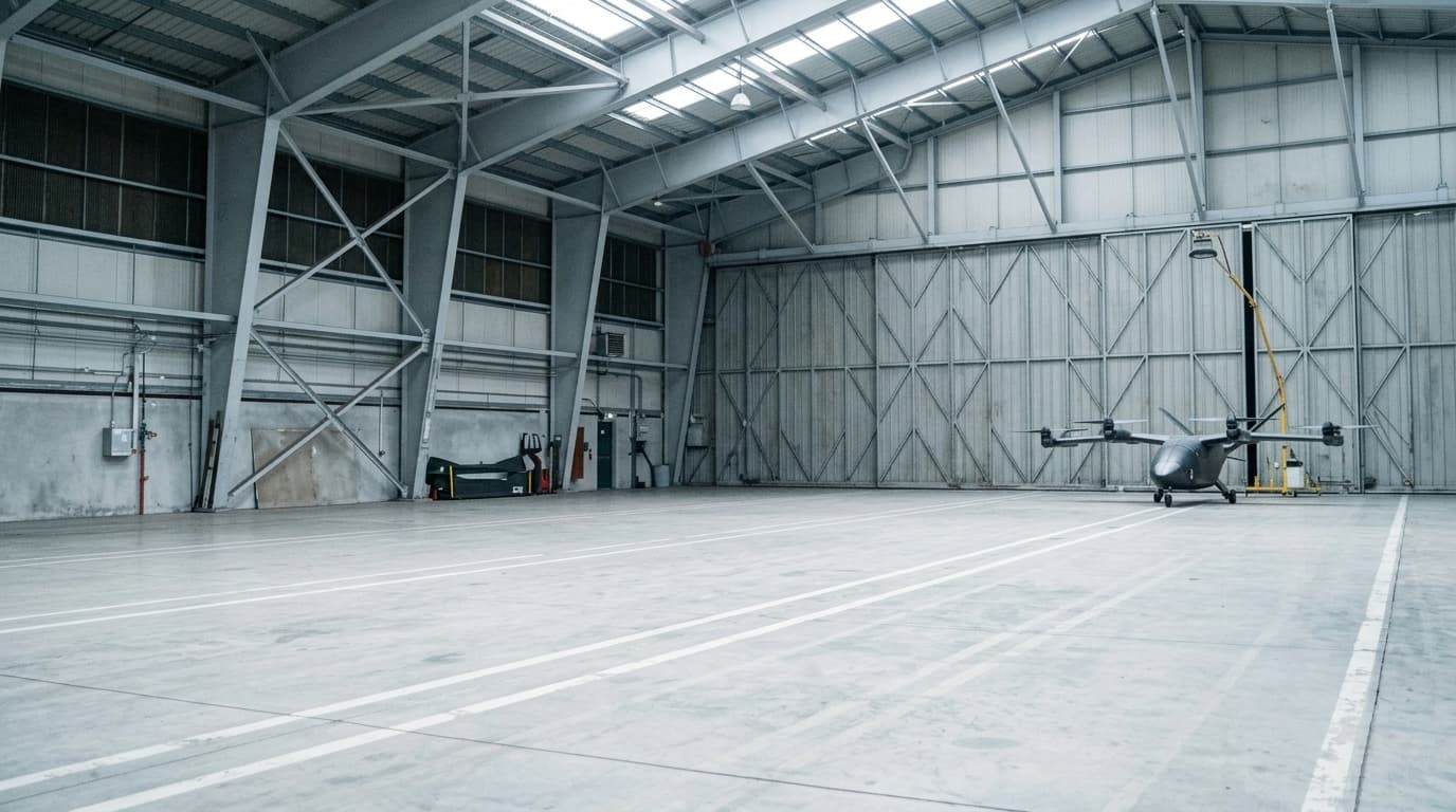 Weiter, heller Hangar mit dem Fluggerät allein auf der Fläche